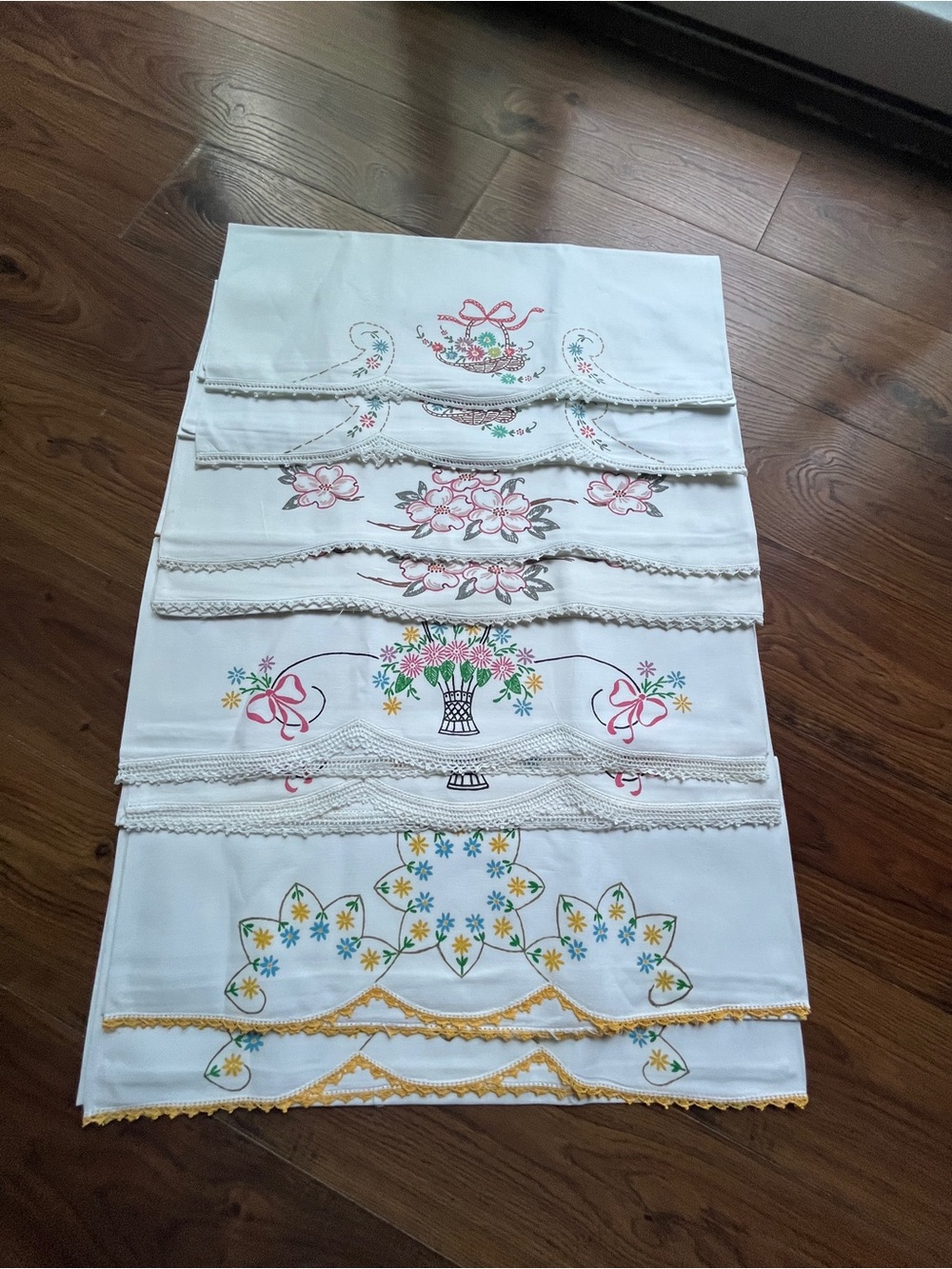 White Embroidered Floral Linen Table Runner with Multi-Color Accents